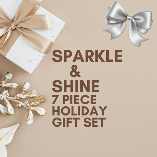 Promotional image of a 'Sparkle & Shine 7 Piece Holiday Gift Set' with decorative elements on a beige background.