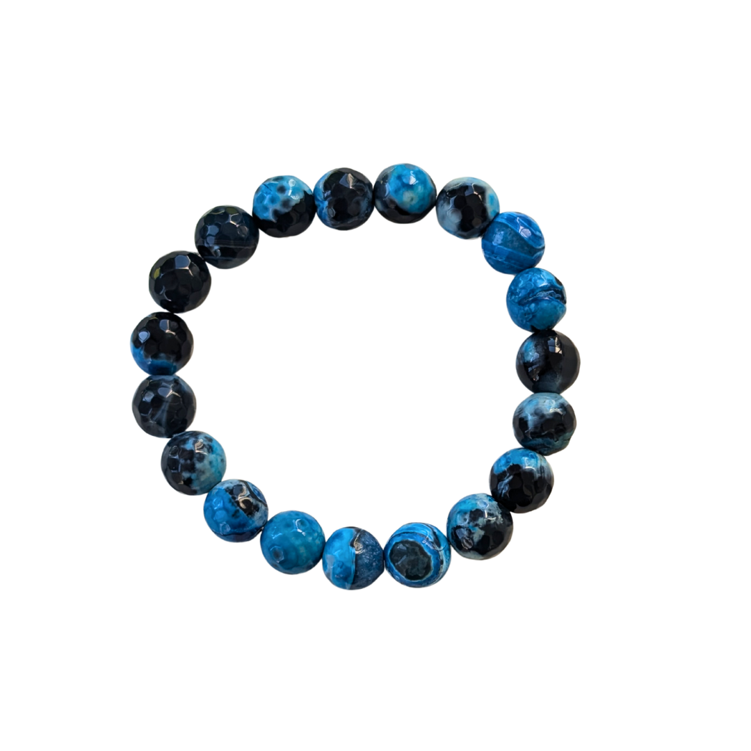 Blue and black beaded bracelet on a white background