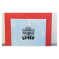 Card with 'little reminder that you are loved' text on a blue background with snowflakes, red envelope.
