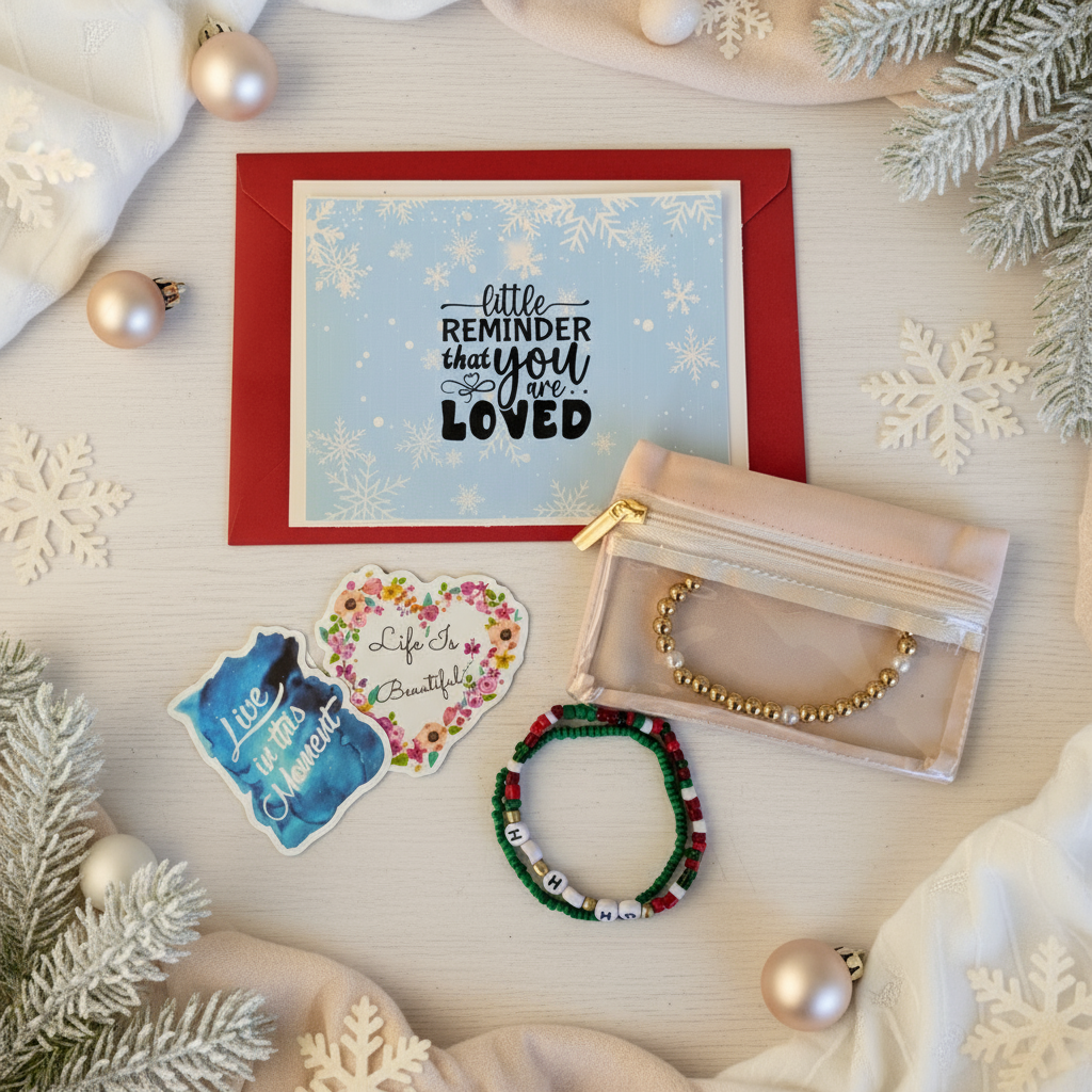 Set of jewelry and cards with motivational messages on a white background