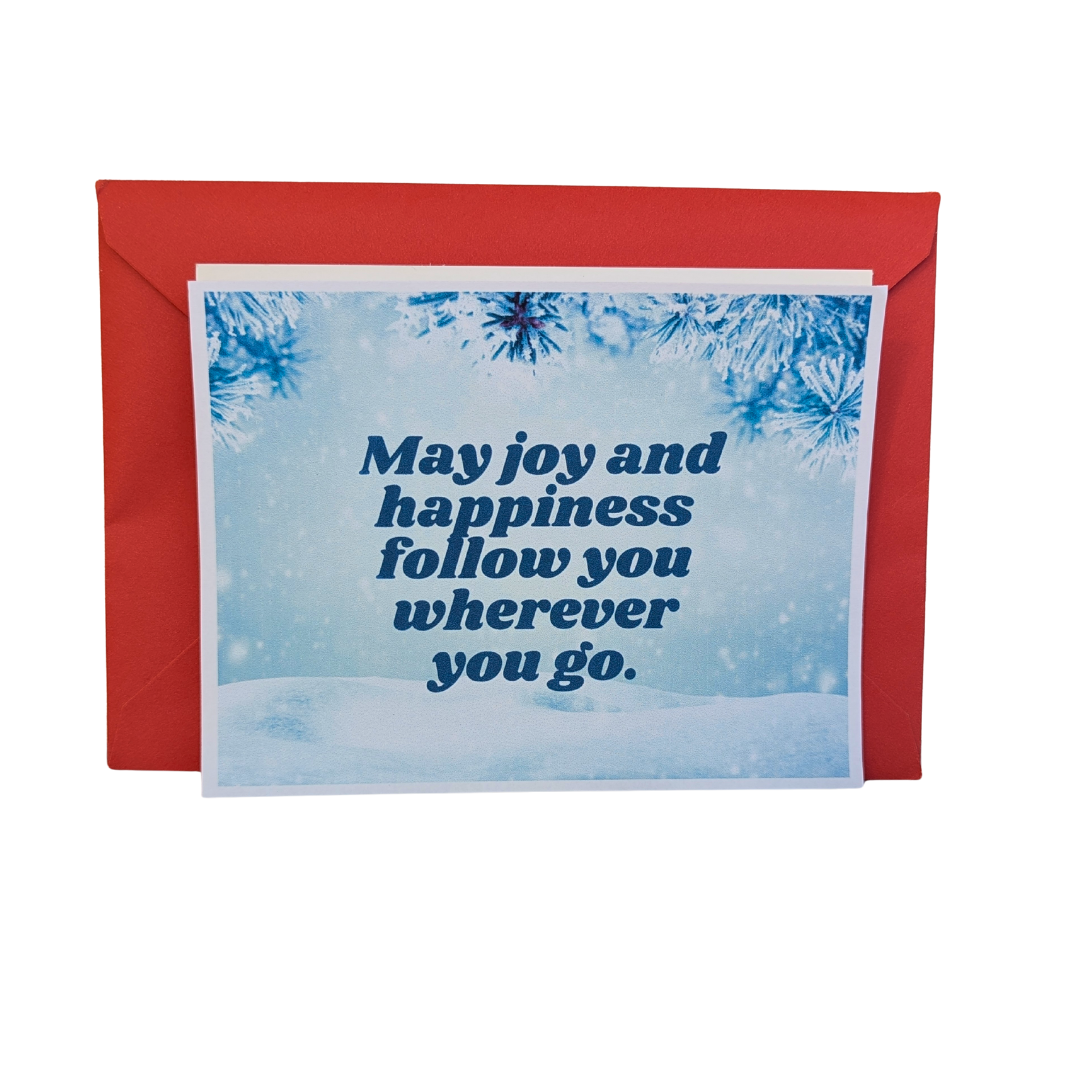 Greeting card with blue text and snowflake design on a red envelope