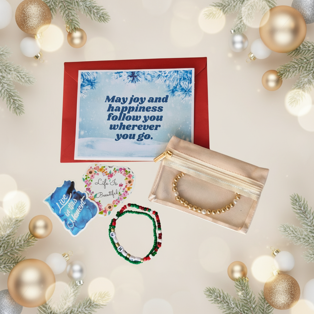 Set of bracelets, a card, and a small pouch on a white background