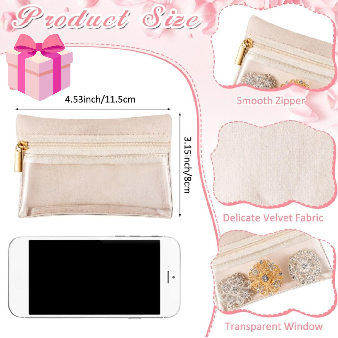Product size chart with a small pouch, smartphone, and decorative elements on a pink background.