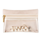Beige jewelry pouch with pearl earrings on a white background