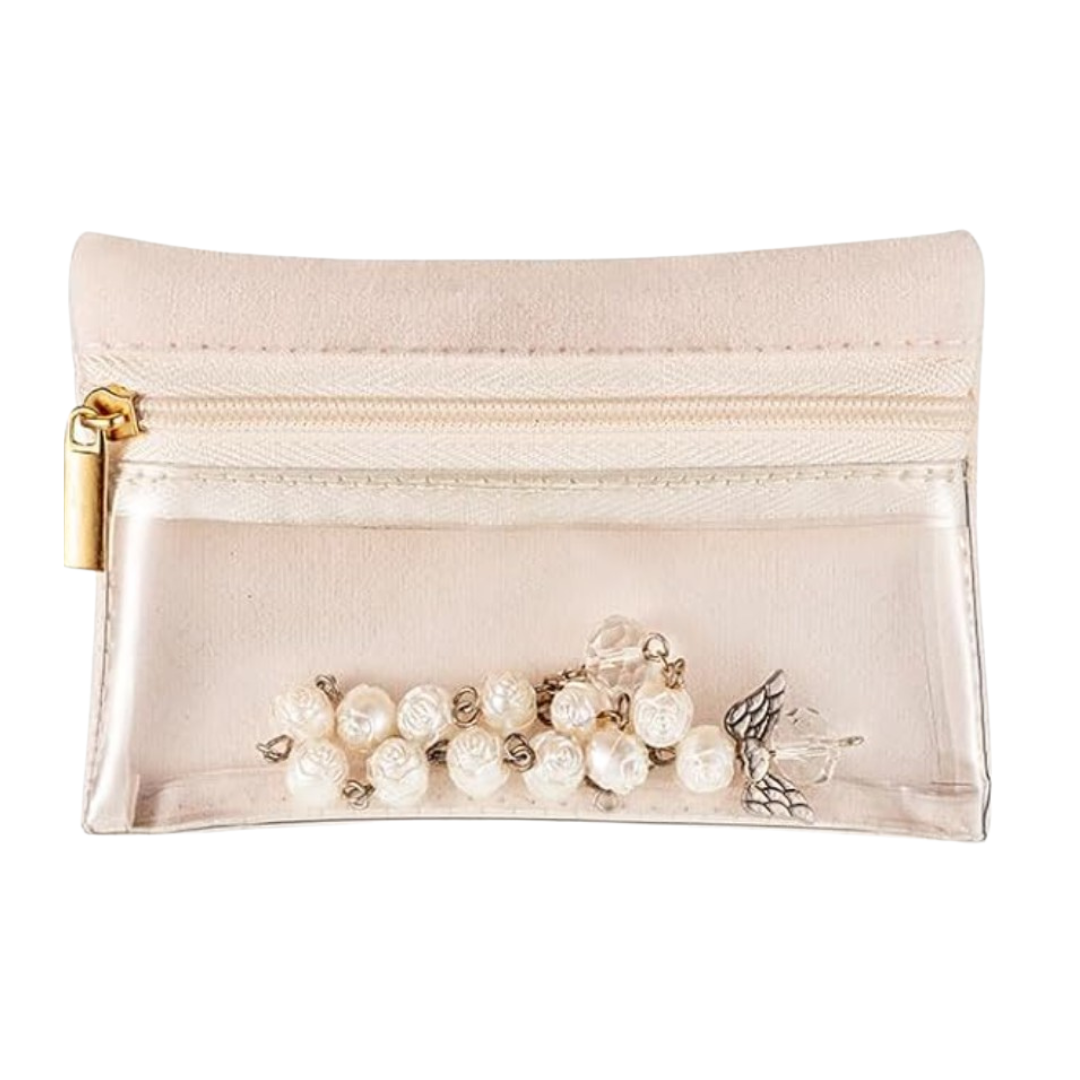 Beige jewelry pouch with pearl earrings on a white background