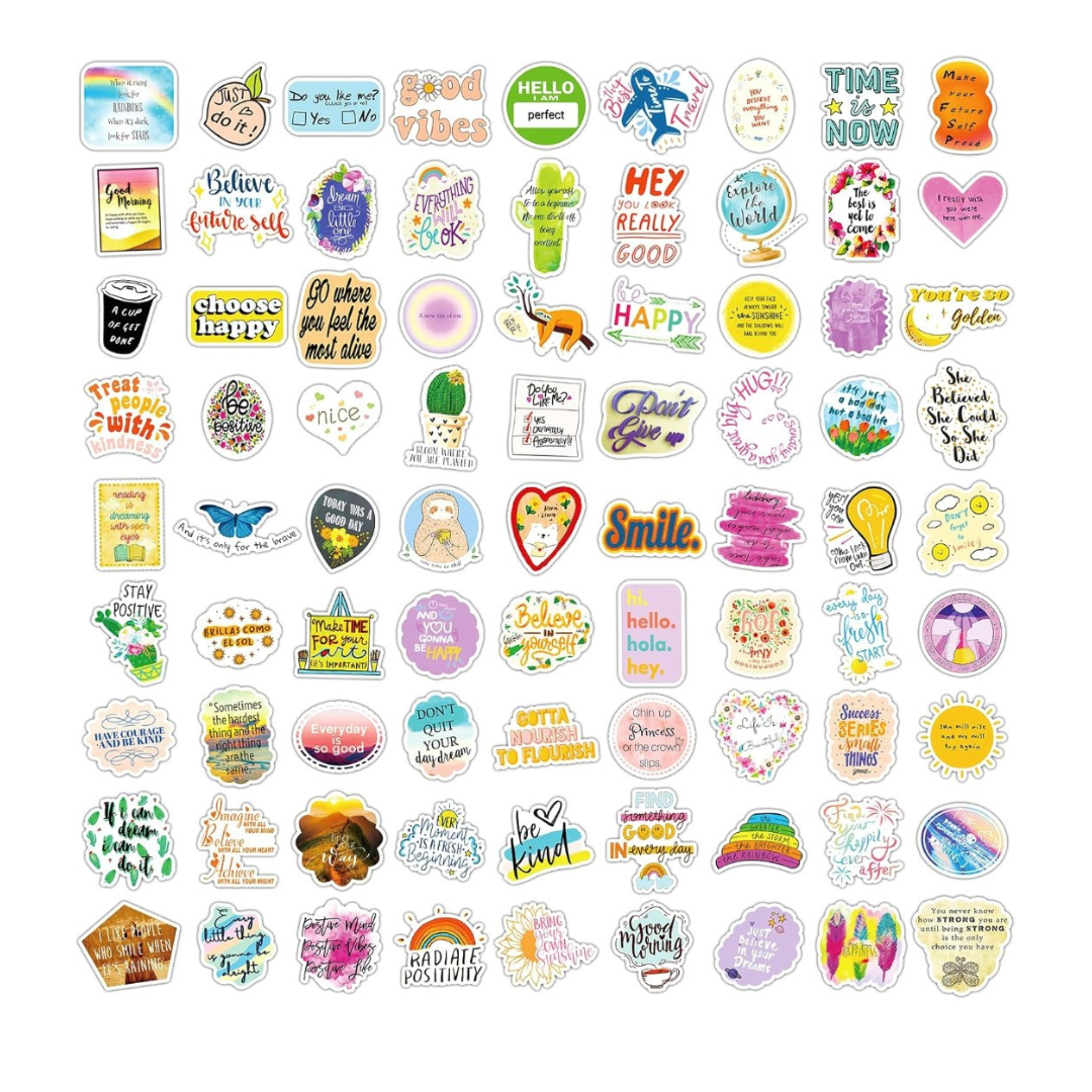 Collection of colorful motivational stickers on a white background